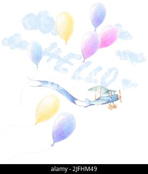 Aquarelle pour bébé clipart. Bannière Hello Adventures. Avion, ballons colorés volent dans le ciel. Thème douche bébé garçon. Composition préfaite. Qualité d'impression Banque D'Images