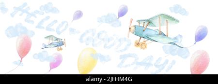 Bannière Bonjour bébé bonne journée. Avions, ballons colorés volent dans le ciel. Nuages bleus. Arrière-plan blanc. Douche de bébé garçon. Aquarelle. Art mural de pépinière Banque D'Images