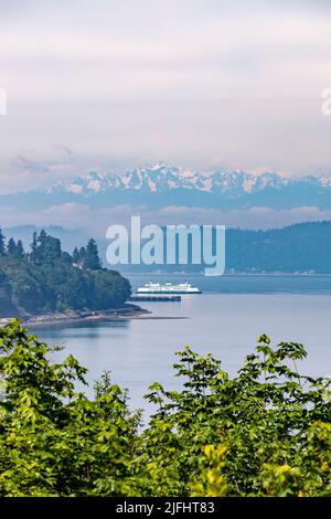 Everett, WA - Etats-Unis: 02-06-2022: Mukilteo à Clinton Ferry traverse le Puget Sound lors d'une course matinale Banque D'Images