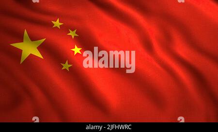 Le drapeau rouge de la Chine.Motion. Un drapeau lumineux avec cinq étoiles jaunes dans le coin supérieur. Banque D'Images