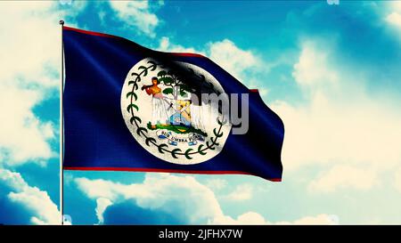 De magnifiques drapeaux volent dans le ciel. Mouvement. Le drapeau sur le mât vole patriotiquement sur fond de ciel. Drapeaux des petits pays et des républiques. Drapeau Banque D'Images