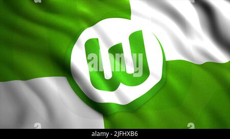 Drapeau de l'agité avec logo du club de football VFL Wolfsburg. Mouvement. Tissu vert et blanc rippant et réaliste. Pour usage éditorial uniquement. Banque D'Images