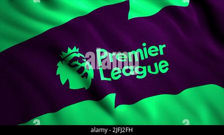 Logo anglais de la Premier League EPL et drapeau de spéléologie. Mouvement. Lion avec couronne sur un drapeau abstrait agitant. Pour usage éditorial uniquement Banque D'Images