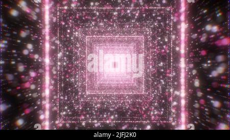 Tunnel numérique carré, points volants flous, boucle transparente. Mouvement. Vol dans un tunnel lumineux de 3D dans l'espace. Banque D'Images