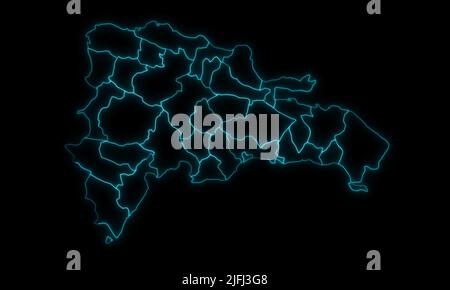 Carte abstraite contour de la République dominicaine avec les provinces avec des régions un contour lumineux sur fond noir Banque D'Images