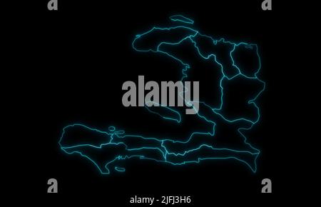 Carte sommaire de Haïti avec départements avec régions un contour lumineux sur fond noir Banque D'Images