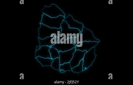Carte sommaire de l'Uruguay avec départements avec régions un contour lumineux sur fond noir Banque D'Images