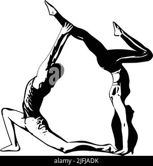 Equilibrage des poses de yoga. Couple sain et jeune pratiquant l'acro yoga ensemble. Illustration vectorielle Illustration de Vecteur