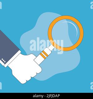 Main d'homme d'affaires tenant une loupe. Conception vectorielle en ligne fine. Illustration de Vecteur