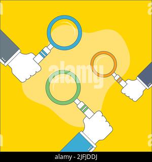 Main d'homme d'affaires tenant une loupe. Concept de recherche, de détection et d'analyse. Conception vectorielle en ligne fine. Illustration de Vecteur