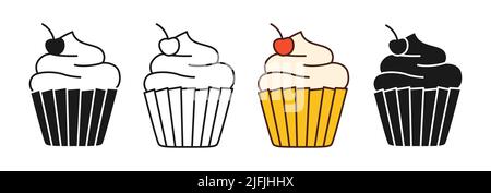 Icône de l'assiette linéaire Cupcake. Style de dessin animé ou timbre simple contour Muffin signe. Pâtisseries sucrées décorées de cerises. Vecteur de contour pour le jeu, le web design ou l'application, logo d'interface graphique dessiné Illustration de Vecteur