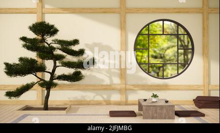 Maison salon design intérieur dans le style traditionnel Zen japonais avec table de salon japonaise traditionnelle sur le sol de Tatami, fenêtre ronde et Bonsai tre Banque D'Images