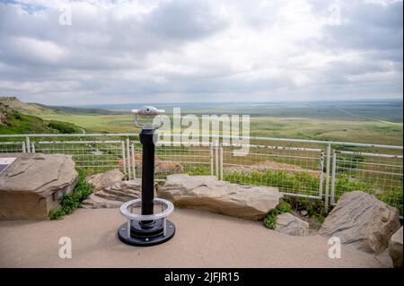 Vues sur le site du patrimoine mondial Head-Smashed-in Buffalo Jump dans le sud de l'Alberta au Canada. Banque D'Images