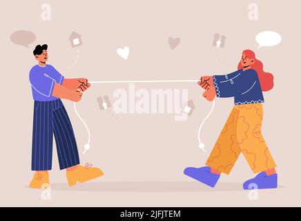Tug de la compétition de guerre entre l'homme et la femme. Couple marié tire la corde. Illustration vectorielle plate de rivalité, de conflit dans la famille au sujet du ménage et des relations Illustration de Vecteur