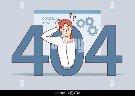 Une femme confuse a rencontré une erreur 404 sur l'ordinateur. Une femme frustrée et mécontente a un message d'erreur sur le gadget. Page introuvable. Illustration vectorielle. Illustration de Vecteur