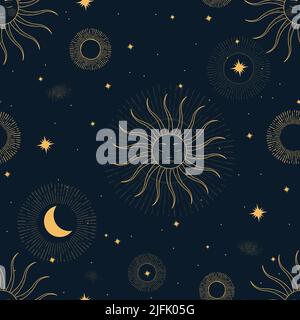 Motif céleste sans couture avec le Soleil, les étoiles et la Lune Illustration de Vecteur