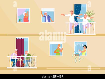 Personnes âgées les hommes et les femmes voisins font des amis à la maison. Personnes âgées personnages vivant dans des appartements à la maison voisins. Illustration Flat Art Banque D'Images