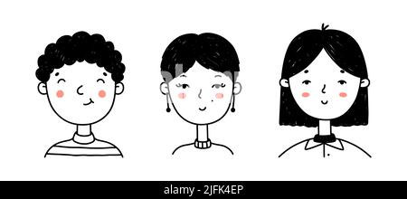 Ensemble de visages de personnes mignons en forme de doodle. Portraits de jeunes filles et de garçons heureux isolés sur fond blanc. Idéal pour les médias sociaux, avatars.Vector illustration à la main des personnages de dessin animé Illustration de Vecteur