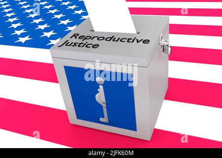 3D illustration d'un bulletin de vote avec le texte de justice reproductive sur son dessus et une silhouette d'une femme enceinte devant, isolée sur le drapeau américain comme un Banque D'Images