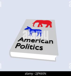 3D illustration d'un âne et d'un éléphant sur un livre intitulé politique américaine. Isolé sur bleu pâle. Banque D'Images