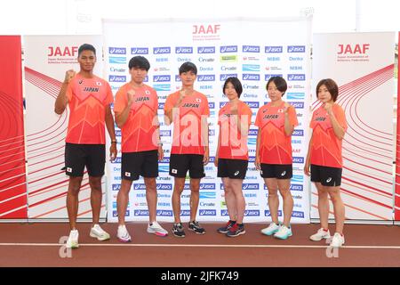 (De gauche à droite) Yuki Joseph Nakajima, Ryuki Iwasaki, Mitsuki Kawauchi, Nanako Matsumoto, Mayu Kobayashi, Haruna Kuboyama (JPN), 2 JUILLET 2022 - Athlétisme : entraînement de l'équipe nationale sprint Japan pour les Championnats du monde d'athlétisme de l'IAAF, Oregon, Tokyo, Japon. (Photo de Naoki Morita/AFLO SPORT) Banque D'Images