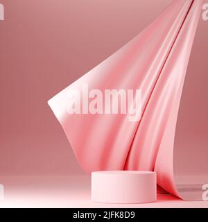 Podium rose pastel avec tissu volant rose, fond en tissu Banque D'Images