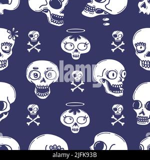 Crâne sans couture motif doodle crânes fond gothique, mexique Dead day Carnival texture. Tête de sucre comique, imprimé vectoriel néoclassique squelette d'halloween Illustration de Vecteur