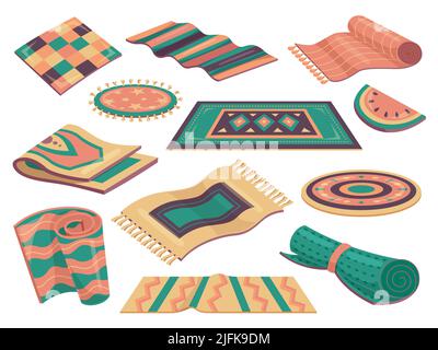 Moquette confortable. Tapis de sol, tapis rustique, matériaux différents. Moquette de décoration de couleur pour l'intérieur de la chambre. Tapis textiles, vecteur racé de laine d'artisanat isolé Illustration de Vecteur