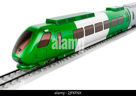 Drapeau nigérian peint sur le train à grande vitesse. Voyage en train au Nigeria, concept. 3D rendu isolé sur fond blanc Banque D'Images