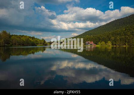 Parc naturel de Bolu Golcuk en Turquie de Bolu. Lac et forêt avec ciel nuageux et reflets. Banque D'Images