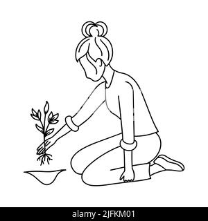 Femme plantant arbre Doodle illustration vecteur. Jeune fille engagée dans le jardinage image de ligne isolée. Résumé le travail de la femme pousse des fleurs et pla Illustration de Vecteur