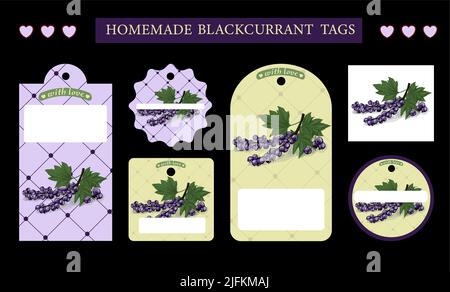 Autocollants d'inscription culinaires, étiquettes de confiture de cassis. Gribouillages culinaires, étiquettes de cuisson pour aliments en conserve ou vecteur de cassis. Emblèmes faits maison pour les baies j Illustration de Vecteur