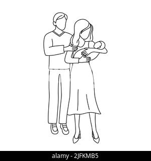 Illustration vectorielle de famille. Elle tient le nouveau-né dans les bras, l'homme se tient à proximité. Mari femme et bébé contour noir objet isolé sur la ba blanche Illustration de Vecteur