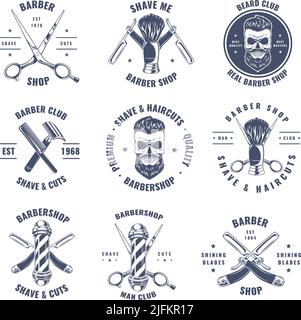 Étiquettes de salon de coiffure. Gentleman stickers balai de coiffure symboles de coupe de cheveux pour magasin de coiffure modèles de vecteur exact avec place pour le texte Illustration de Vecteur