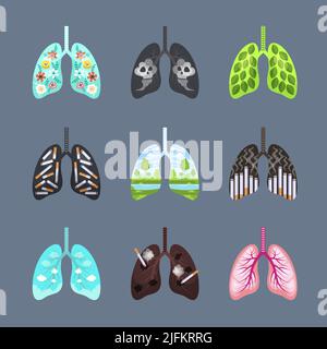 Poumons malsains. Des illustrations conceptuelles de la pollution des organismes des poumons du tabac en bonne santé et endommagée qui destroyer les systèmes humains modèles de vecteurs récents Illustration de Vecteur