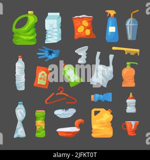 Déchets de plastique. Boîtes bouteilles vides emballages déchets pour le recyclage des produits en plastique vecteur récents Illustration de Vecteur