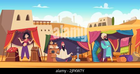 Contexte du marché asiatique. Vendeurs de l'est des tapis faits à la main bonbons bijoux trésors exact vecteur modèle de dessin animé Illustration de Vecteur