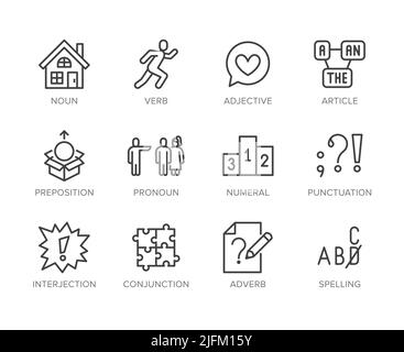 Jeu d'icônes de grammaire et d'éducation. Parties de discours verbe, préposition, pronom, adjectif, illustrations de vecteur d'interjection. Signes fins pour Illustration de Vecteur