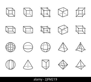 Icônes de formes géométriques à lignes plates définies. Figurines abstraites cube, sphère, cône, prisme illustrations vectorielles. Signes fins pour l'éducation à la géométrie, prototype Illustration de Vecteur