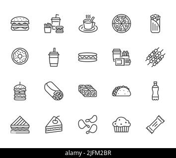 Jeu d'icônes de la ligne plate des aliments indésirables. Hamburger, encas rapides, sandwich, frites, hot dog, burrito mexicain, illustrations vectorielles de pizza. Signes fins pour Illustration de Vecteur