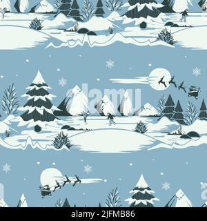 Motif vectoriel sans couture avec paysage hivernal sur fond bleu. Papier peint magique de Noël. Textile de mode décoratif pour le patinage sur glace. Illustration de Vecteur