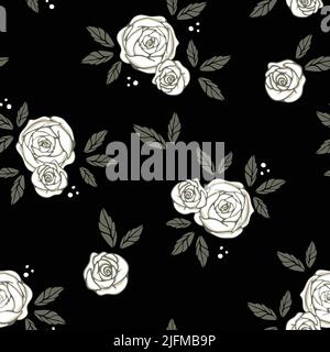 Motif vectoriel sans couture avec roses blanches sur fond noir. Papier peint vintage simple à motif fleuri. Textile de mode décoratif nostalgique. Illustration de Vecteur