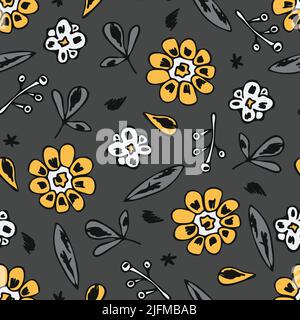 Motif vectoriel sans couture avec fleurs dessinées à la main sur fond gris. Papier peint moderne et simple à motif fleuri. Textile de mode Prairie décoratif. Illustration de Vecteur