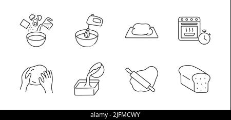 Illustration de l'assiette de la pâte avec icônes - bol, four, mélange, ingrédients, œuf, rouleau, pain, minuteur. Fine ligne d'art sur la cuisson. Contour modifiable Illustration de Vecteur