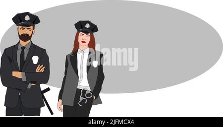 Hommes et femmes COP debout à côté de la voiture de police, policier et Policewoman en illustration uniforme Illustration de Vecteur