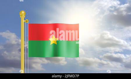 drapeau du burkina Faso agitant sur le vent dans le ciel bleu et devant la lumière du soleil. Banque D'Images