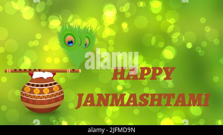 Janmashtami heureux avec Dieu krishna flûte et pot avec paon plume isolée sur fond vert flou. Concept pour célébrer le janmashtmi en Inde. Banque D'Images