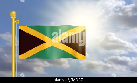 Drapeau jamaïcain agitant sur le vent dans le ciel bleu et devant la lumière du soleil. Banque D'Images