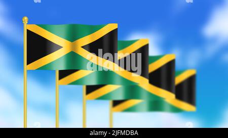 Quatre drapeau national de la Jamaïque agitant dans le vent ont mis l'accent sur le premier drapeau et l'animation de mouvement du ciel bleu Banque D'Images