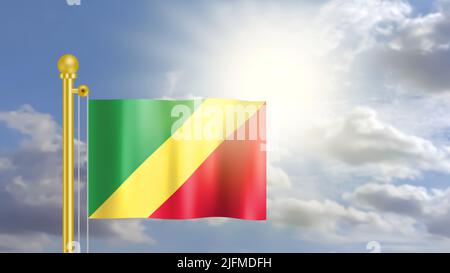 drapeau de la république du Congo agitant sur le vent dans le ciel bleu et devant la lumière du soleil. Banque D'Images